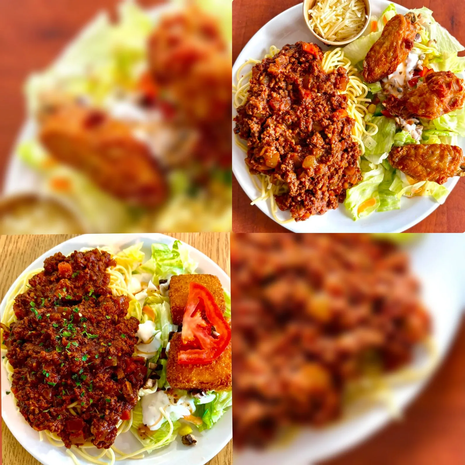 Quatre vues d'une assiette de spaghetti sauce à la viande servie avec ailes de poulet et salade